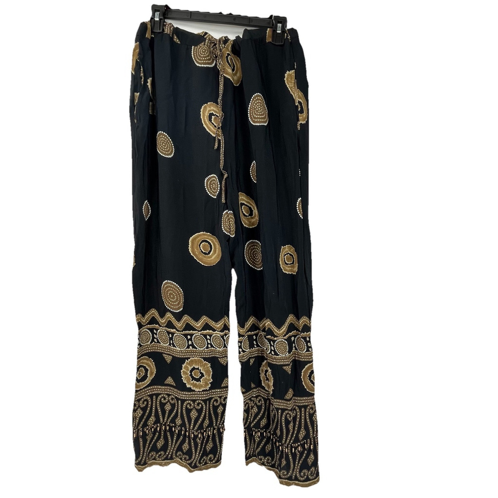 Caribbean Pacific Boho Wide Leg Pants Black Gold Beaded Rayon Size L - Picture 2 of 16